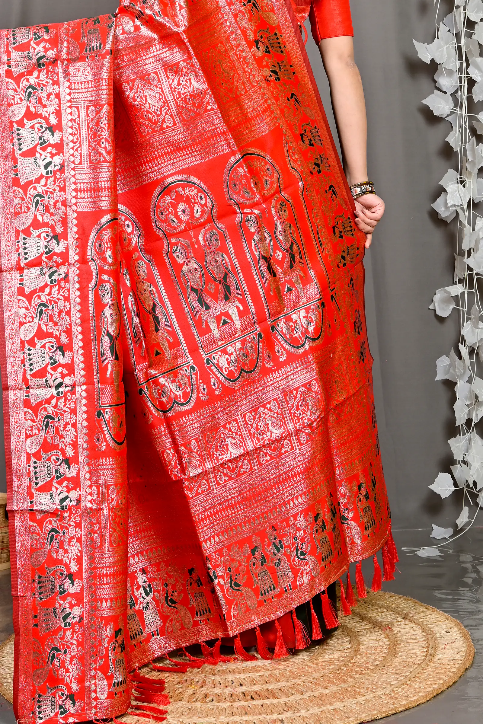 Green Red Cotton Silk Parza Baluchari Saree (581)